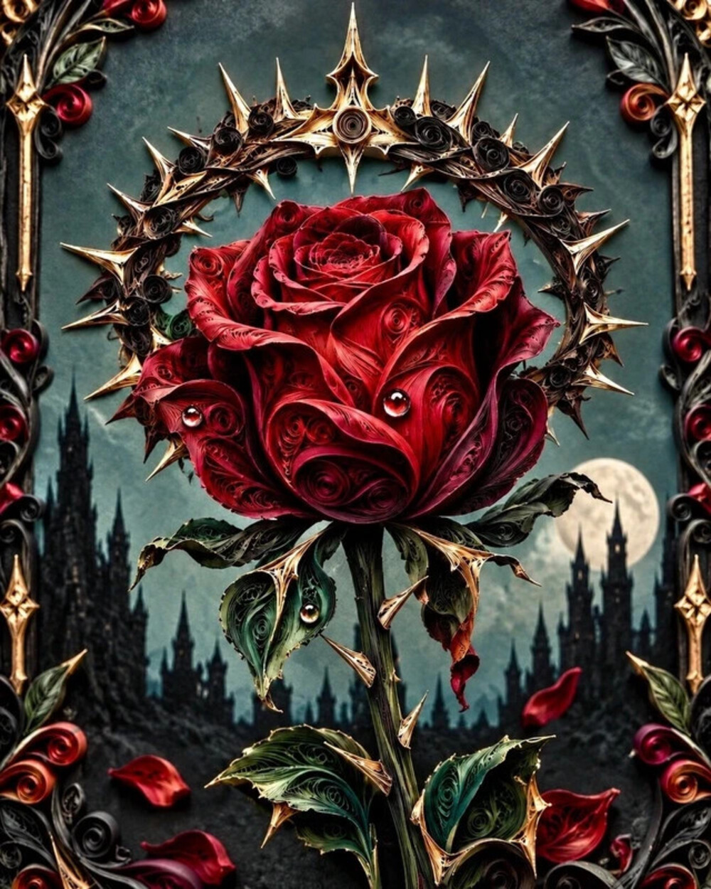 8x10 Framed Gothic Red Rose Quilling Art Print